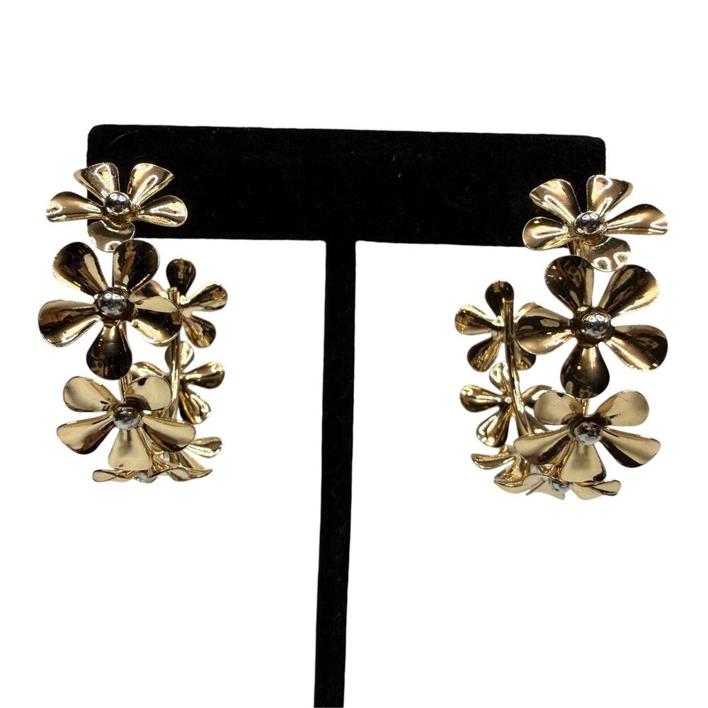 Elegant Gold Tone Floral C-Hoop Earrings Rhinestone Fashion Jewelry 1. 5 in